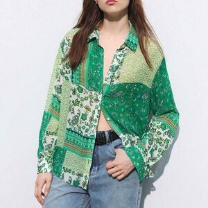 Zara style patchwork quilt floral patter button up shirt green white